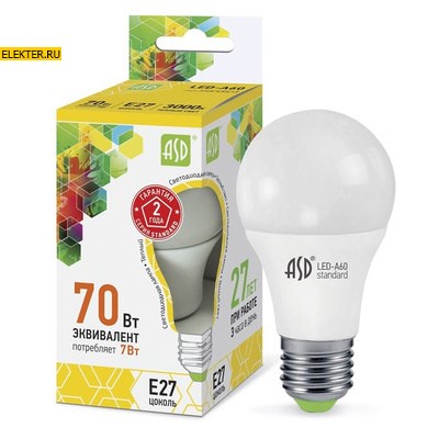 Лампа светодиодная LED-A60-standard 7Вт 160-260В Е27 3000К 630Лм "Груша" ASD арт 4690612001692 4690612001692 - фото 18509