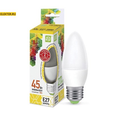 Лампа светодиодная LED-СВЕЧА-standard 5Вт 160-260В Е27 3000К 450Лм ASD арт 4690612003900 4690612003900 - фото 18534