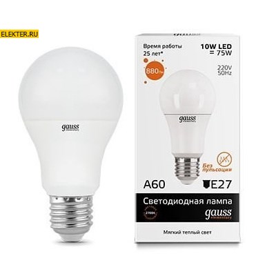 Лампа светодиодная Gauss LED Elementary A60 10W E27 880lm 3000K "Груша" арт 23210 23210 - фото 19767