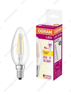 Лампа светодиодная LED 4Вт Е14 FILAMENT CLB40, тепло-бел, прозр.свеча OSRAM - фото 48034