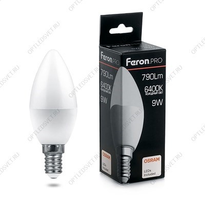 Лампа светодиодная LED 9вт Е14 дневной матовая свеча Feron.PRO OSRAM (LB-1309) - фото 48824