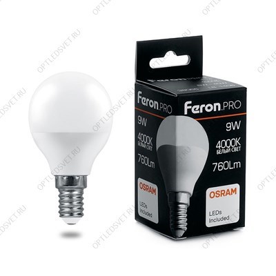 Лампа светодиодная LED 9вт Е14 белый матовый шар Feron.PRO OSRAM (LB-1409) - фото 48827