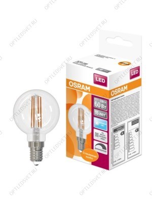 Лампа светодиодная LED 5Вт E14 CLB60D белый, Filament диммируемая,прозр.шар OSRAM - фото 48916