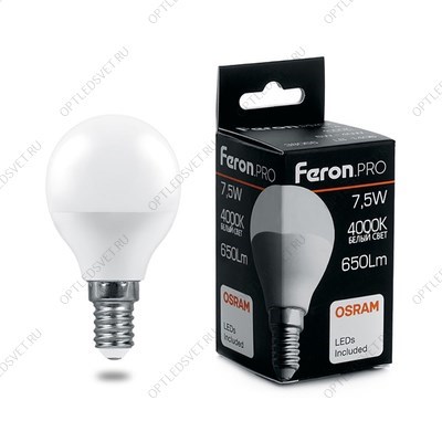 Лампа светодиодная LED 7.5вт Е14 белый матовый шар Feron.PRO OSRAM (LB-1407) - фото 49720