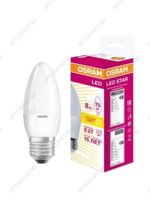 Лампа светодиодная LED 8Вт E27 CLB75 тепло-бел, матов.свеча OSRAM - фото 49809