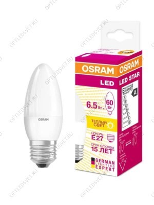 Лампа светодиодная LED 6,5Вт Е27 STAR ClassicB (замена 60Вт),теплый белый свет, матовая колба Osram - фото 52376